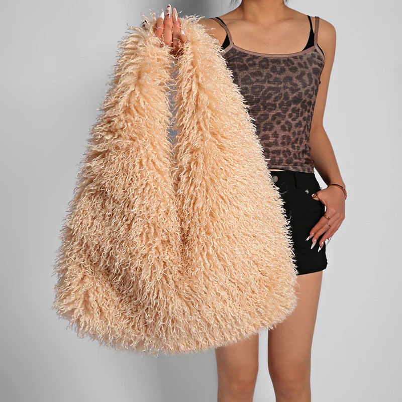Luxury faux fur tote bag for women, stylish winter hobo handbag in soft textured material