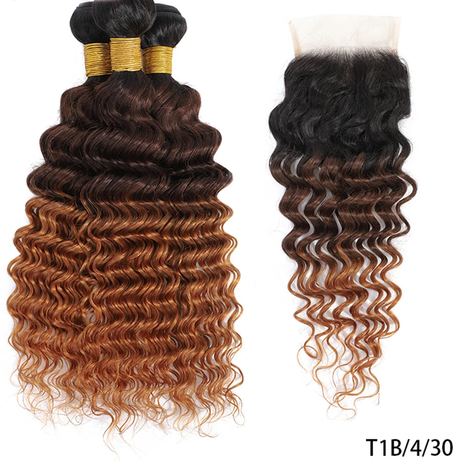 100% Human Hair Bundles With Closure Deep Wave Bundles With 4x4 HD Lace Closure Ombre Wet and Wavy Deep Curly Hair With Closure