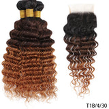 100% Human Hair Bundles With Closure Deep Wave Bundles With 4x4 HD Lace Closure Ombre Wet and Wavy Deep Curly Hair With Closure
