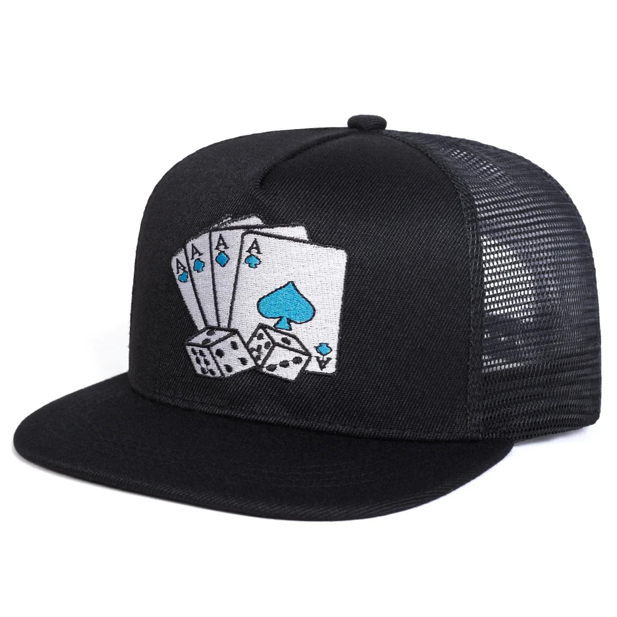 HSF Marketplace women's poker card embroidery hip-hop net hat, adjustable outdoor baseball cap in black mesh