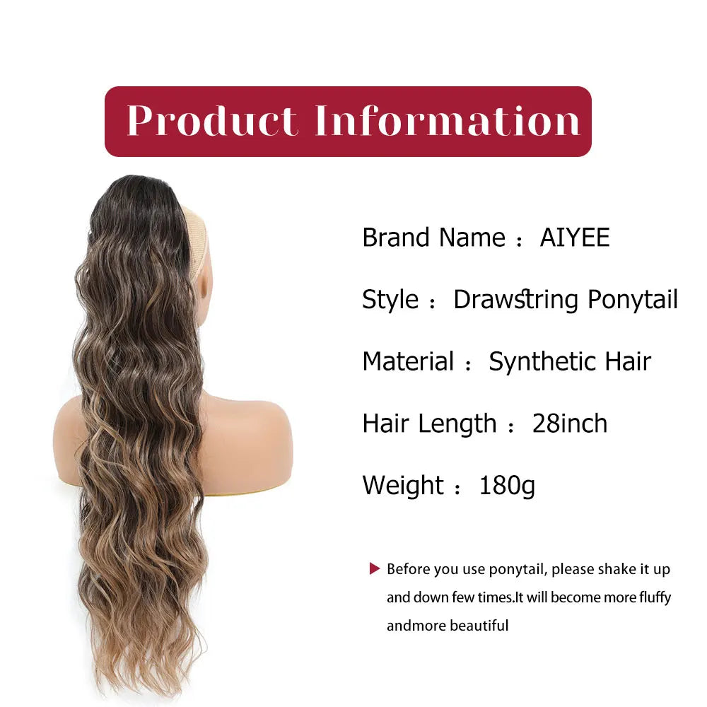 28-inch synthetic body wave drawstring ponytail, ombre brown with blonde highlights, heat resistant 180g hair extension
