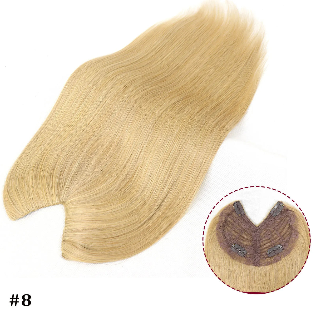 V-shape clip-in human hair extensions with brown-blonde highlights, straight 16-inch Brazilian Remy hair.