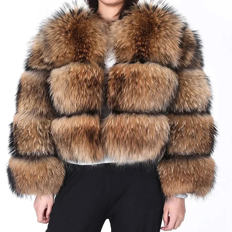 Women's luxury thick real raccoon fur coat in a plus-size design