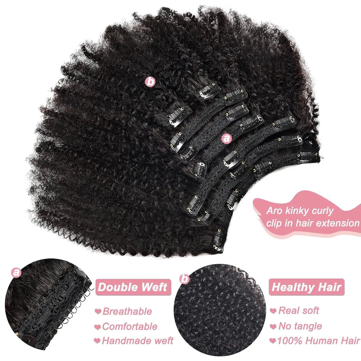4C kinky curly clip-in human hair extensions, full head Afro curly style for women