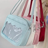 Japanese Harajuku Ita Bag for women with a transparent pocket, PU material, crossbody strap, suitable for high school girls.