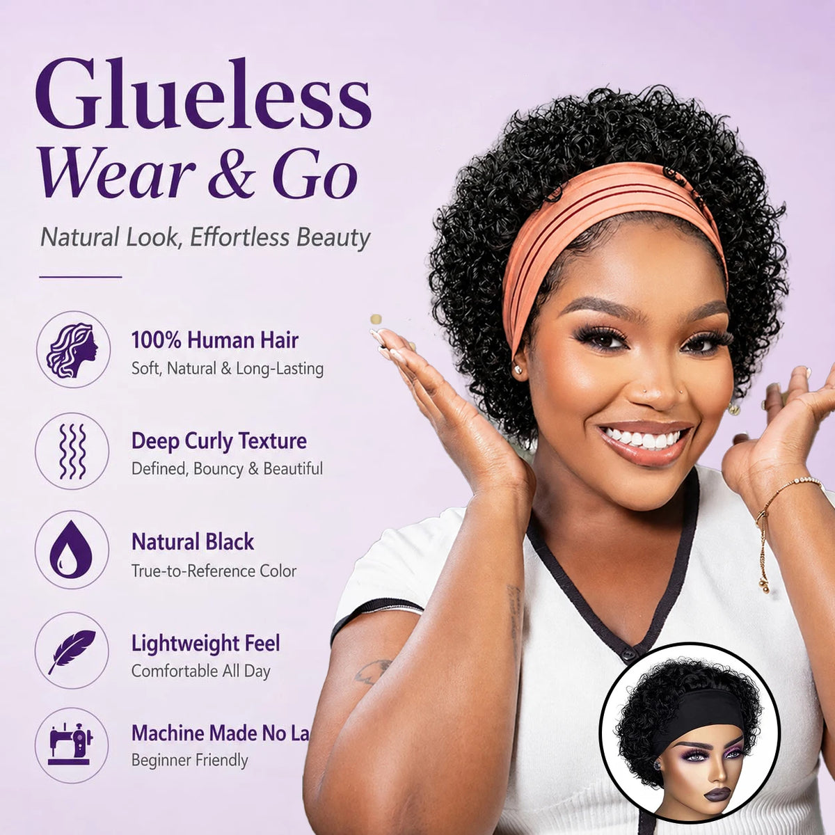 HSF Marketplace short headband wig, curly pixie cut human hair with water wave texture and machine-made cap