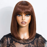 Highlighted short bob wig with bangs, 100% human hair, lace front, straight style, Brazilian Remy, glueless fit for women.