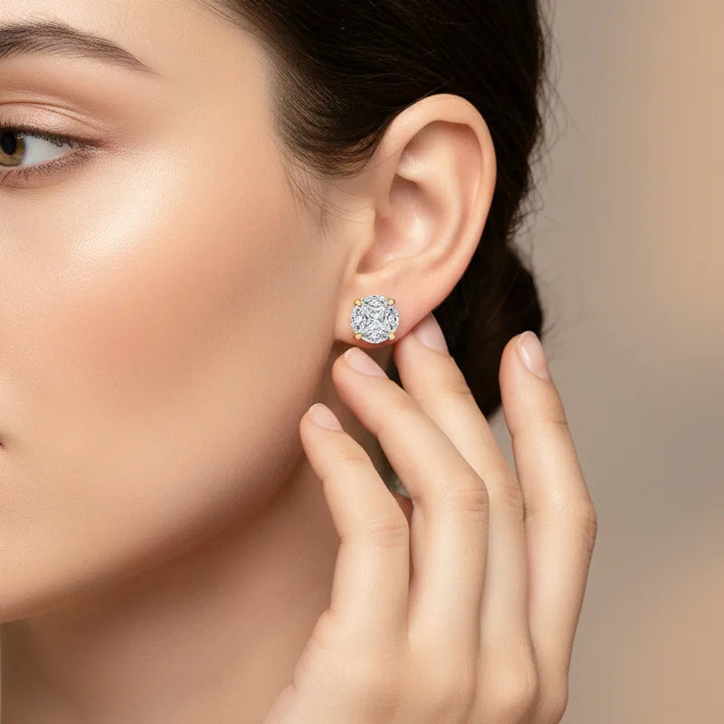 Moissanite stud earrings in rhodium-plated S925 silver, 8mm round-cut design