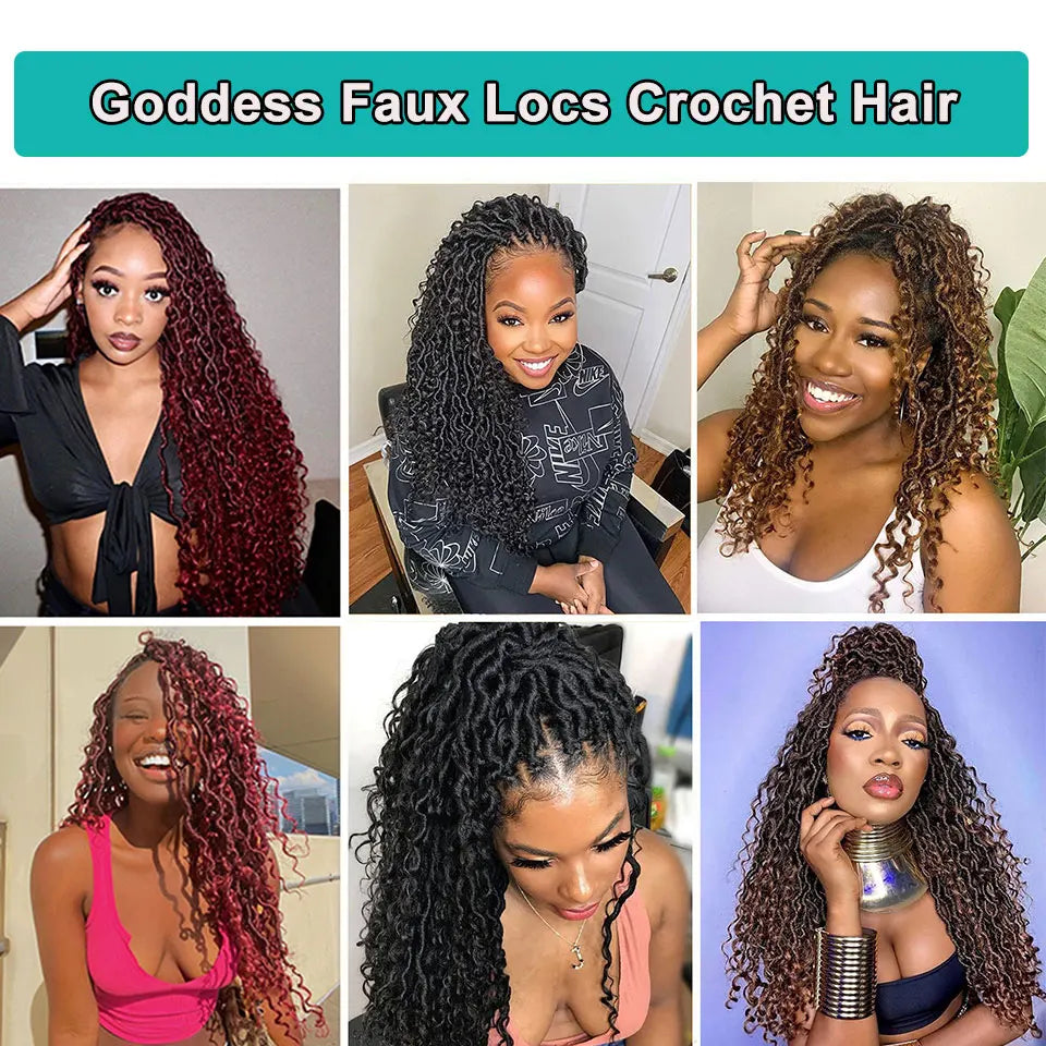 Ombre Goddess Faux Locs crochet hair by HSF Marketplace, 18-inch synthetic crochet braiding hair with curly ends and river locs style.
