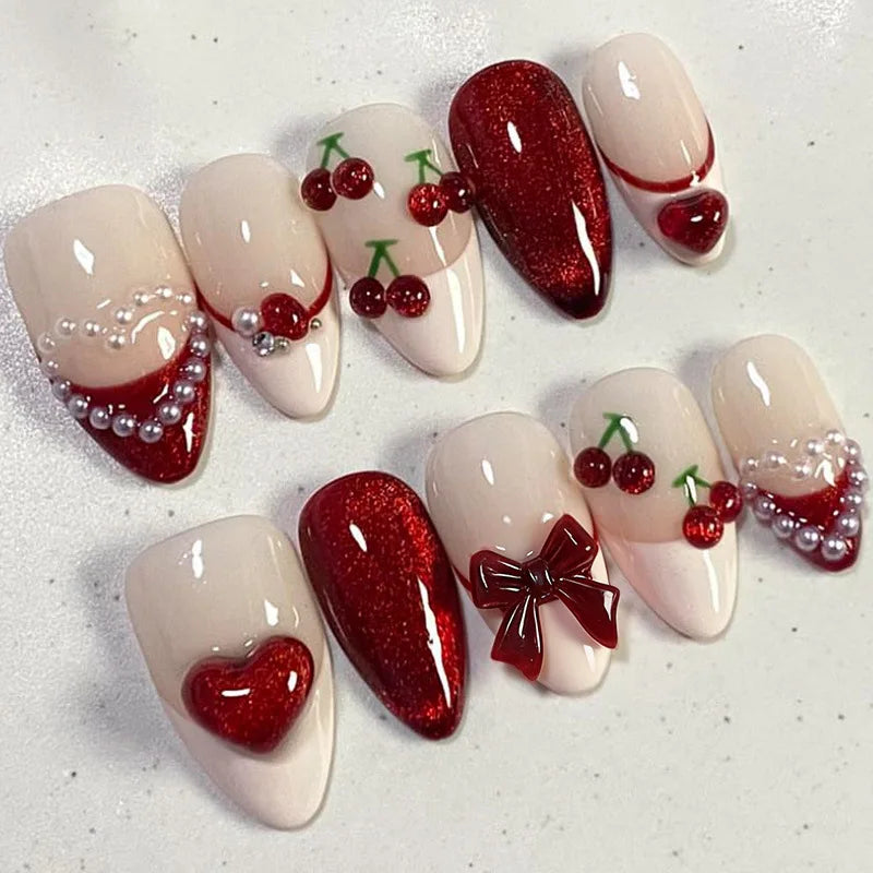 24-piece pink flower almond press-on false nails, kawaii wearable stick-on nail tips by HSF Marketplace