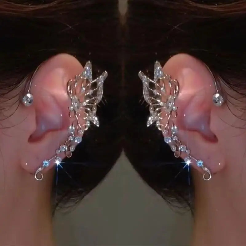 Korean elf butterfly ear cuff with sparkling zircon crystal, non-piercing clip earring for women