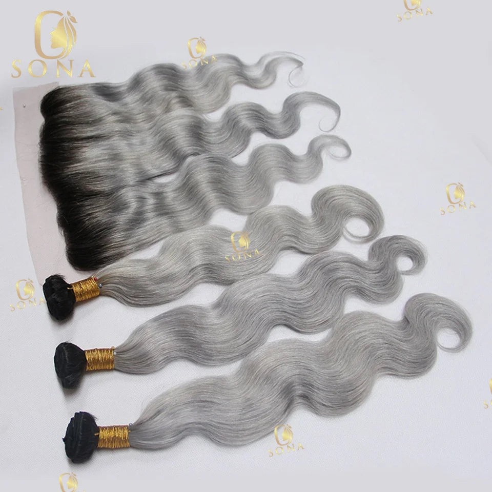 Color Ash Blonde Body Wave Hair Weave Bundle Ombre 1b/Grey 13x4 Frontal Human Hair 4x4 Closure 1 3 4 Bundle Deals For Women
