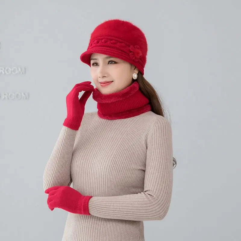 Warm knitted women's winter hat, scarf, and gloves set by HSF Marketplace