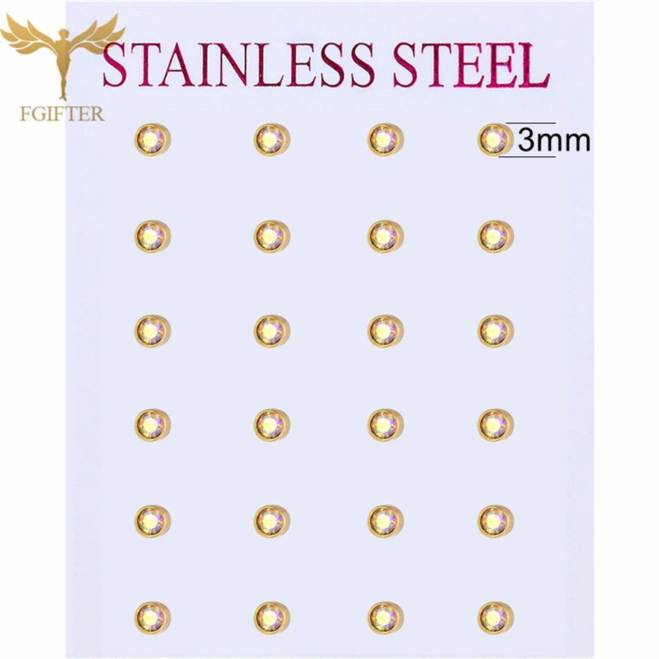 12 pairs of 2–7mm white crystal stud earrings in round and square designs with golden stainless steel settings
