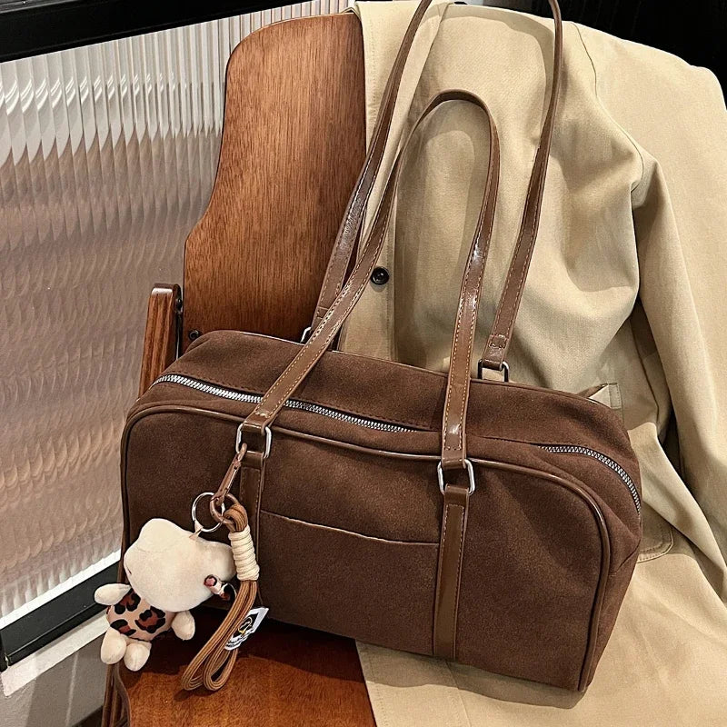 Brown suede casual large capacity handbag for women, retro style shoulder bag suitable for autumn and winter, HSF Marketplace.