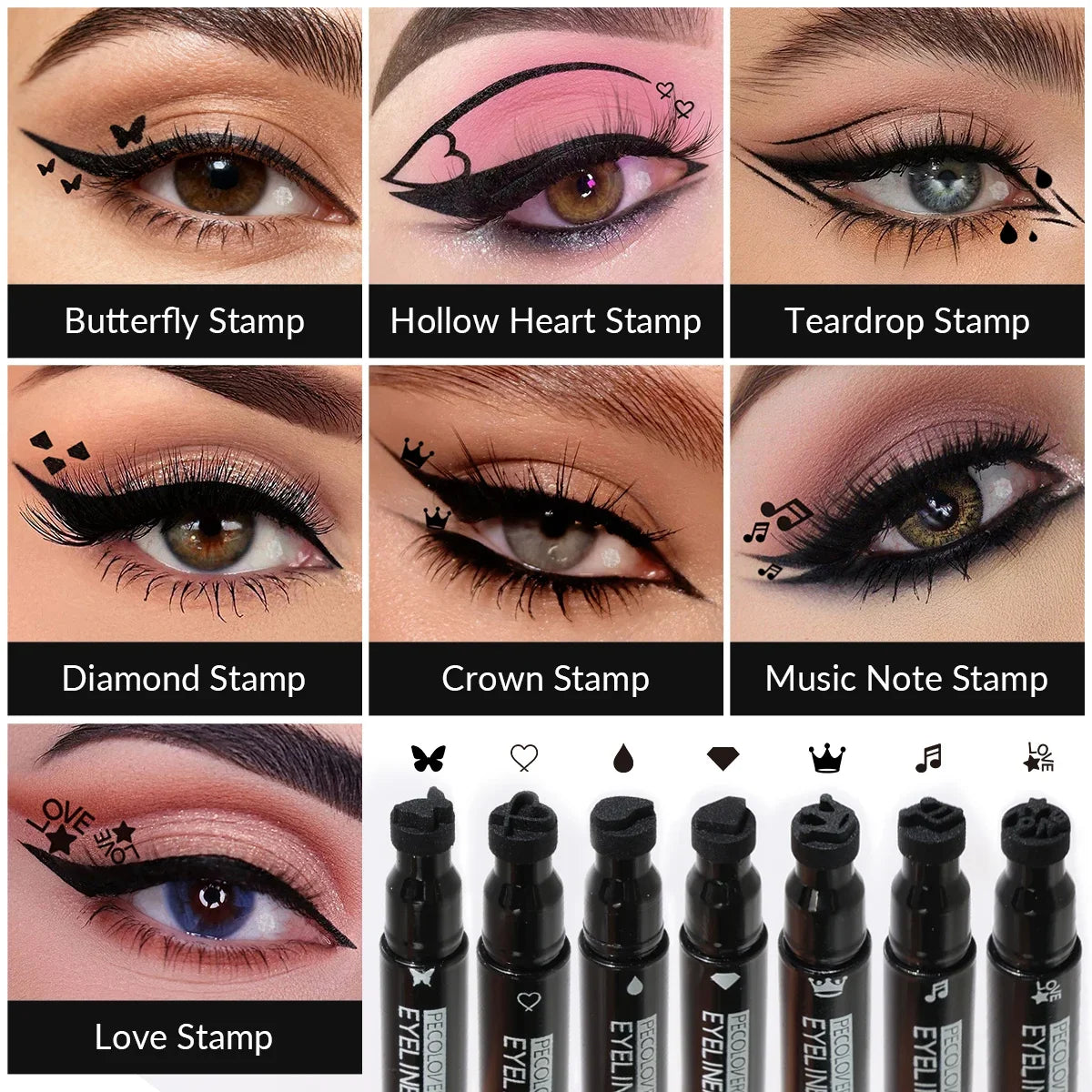 Set of 7 waterproof liquid eyeliner stamps featuring moon, star, and heart shapes for quick-dry eye makeup application.
