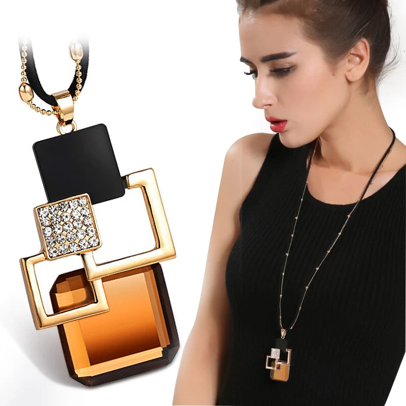 Elegant geometric chain necklace for women featuring a long pendant, stylish maxi jewelry by HSF Marketplace.