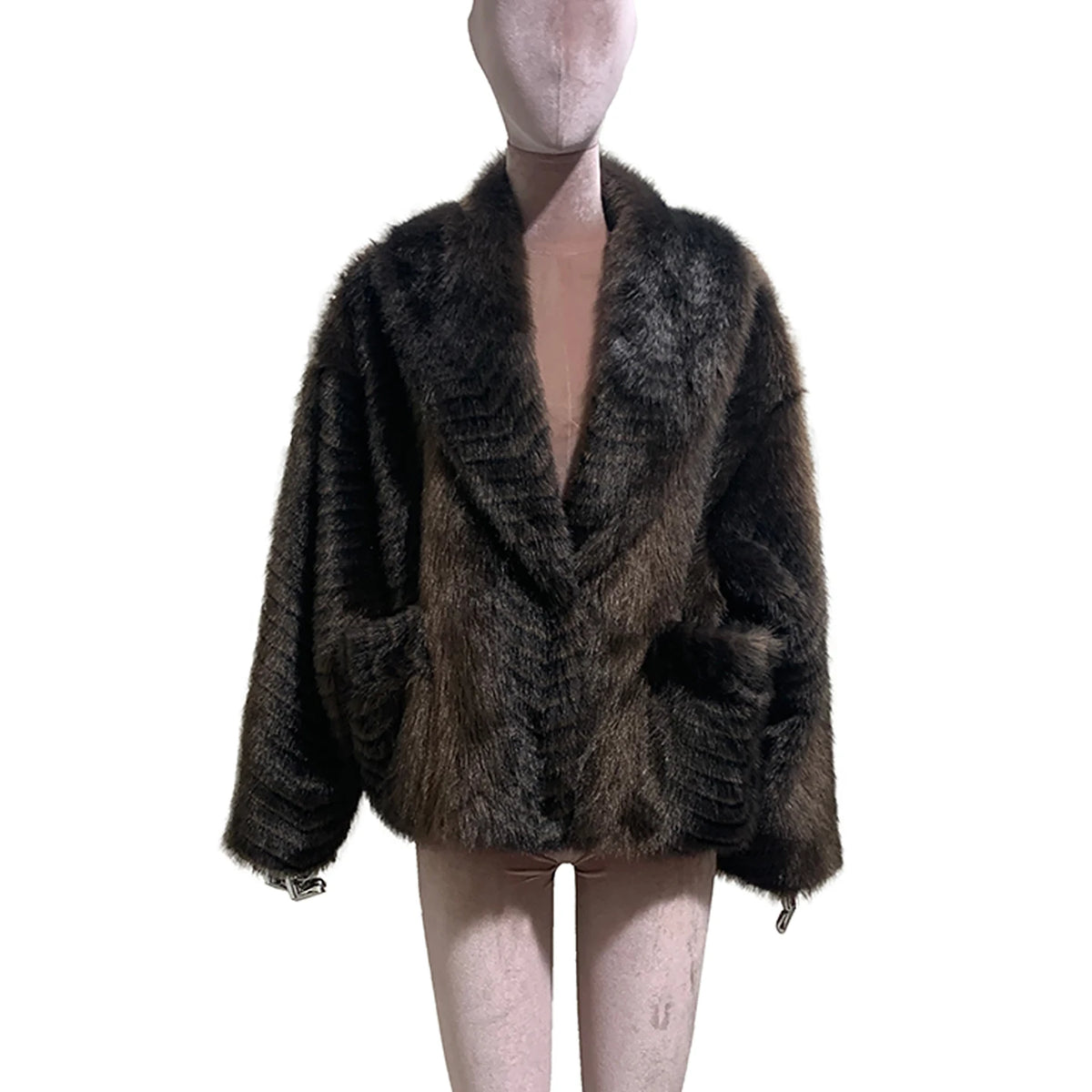 Nerazzurri women's oversized dark brown gradient faux mink fur coat with shawl collar and waist sash