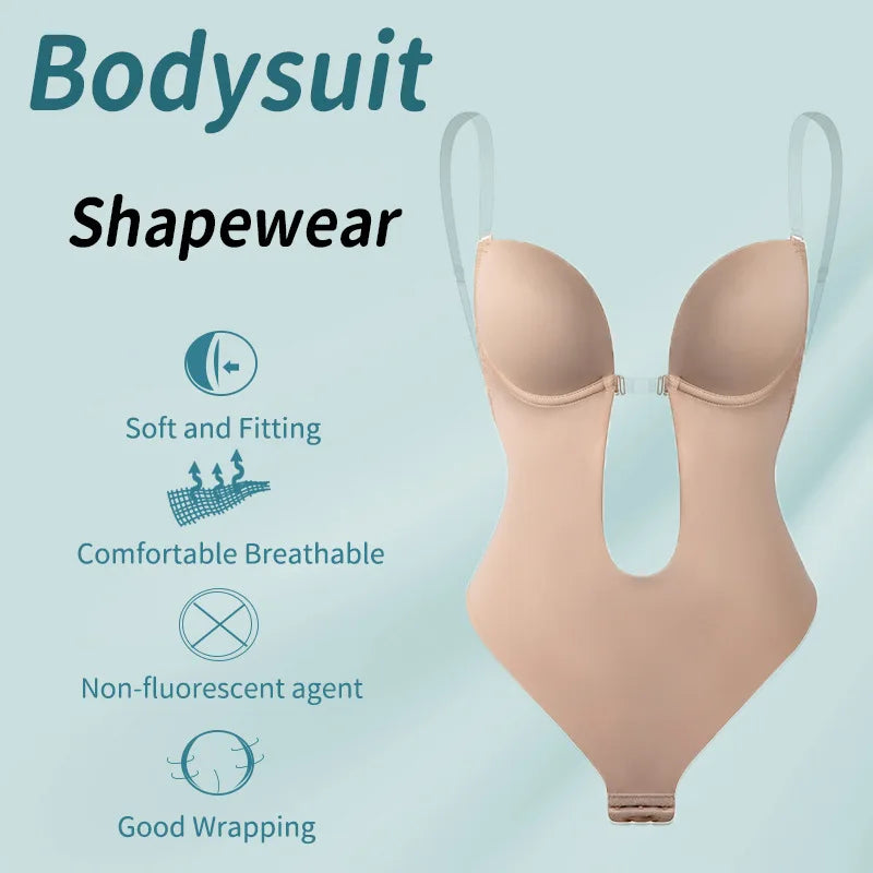 Women's deep V-neck push-up body shapewear bodysuit with thong bottom, U-shaped low back, and backless design