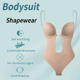 Women's deep V-neck push-up body shapewear bodysuit with thong bottom, U-shaped low back, and backless design