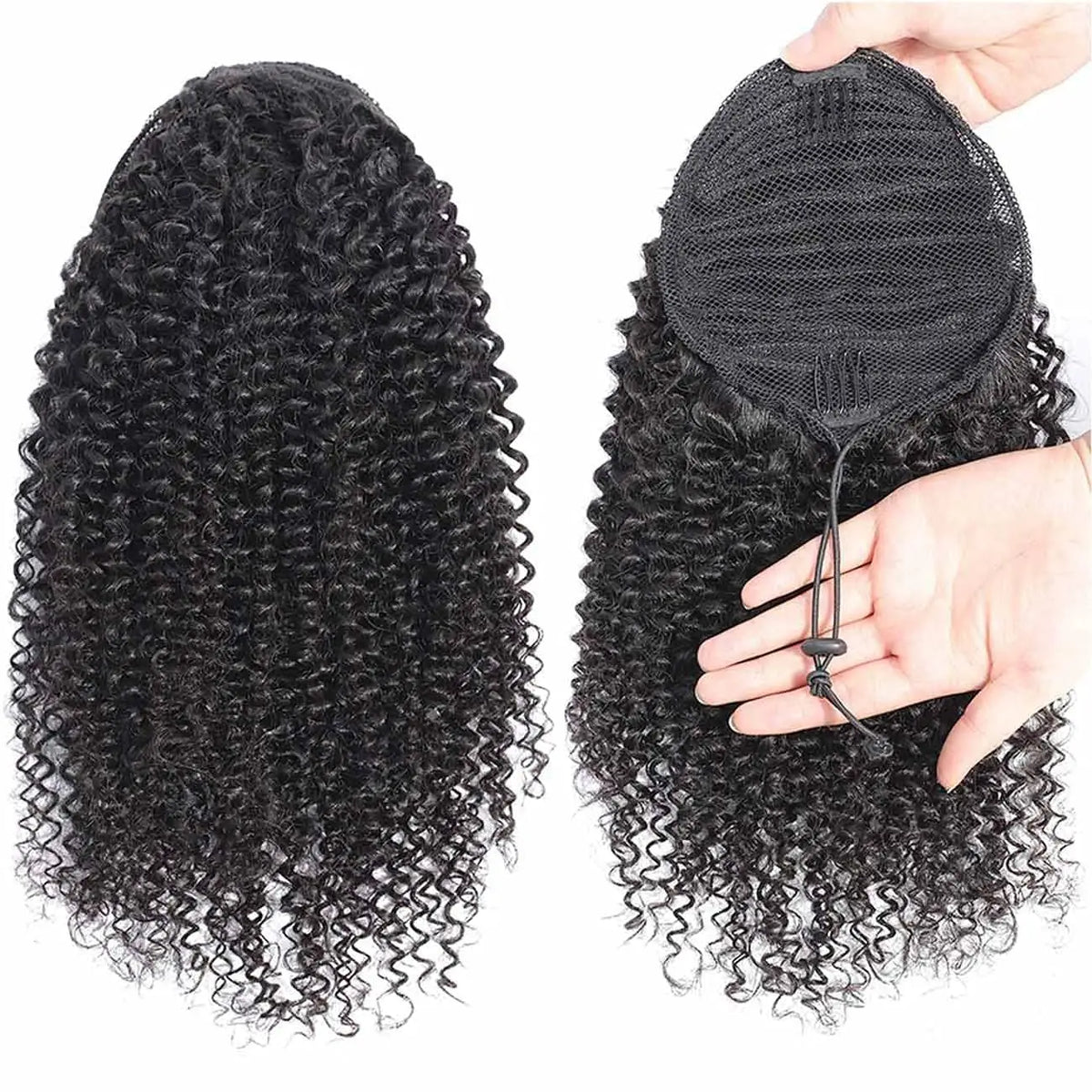 Mongolian human hair afro kinky curly ponytail in natural color, clip-in drawstring style for women