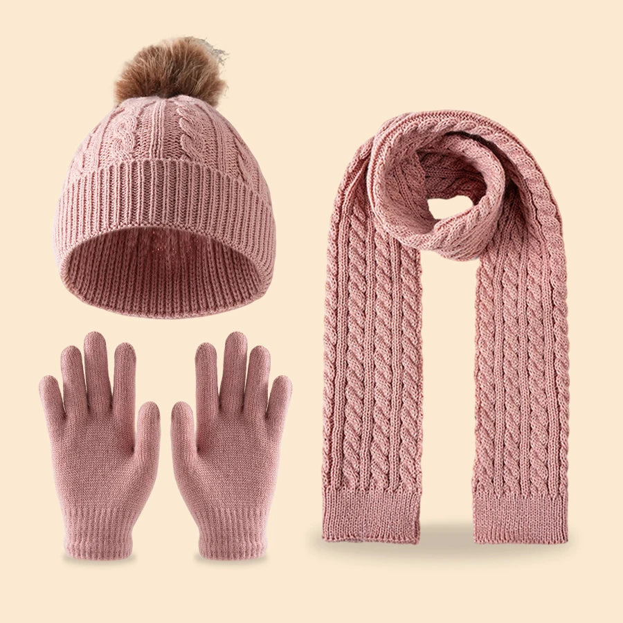 Kids winter double-ball fleece scarf, hat and gloves set for ages 3–14, HSF Marketplace, colorful knit accessories