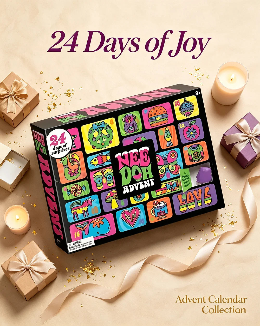 Hot Needoh Advent Calendar sensory toy set by HSF Marketplace with 24 surprise squeeze toys for stress relief and festive countdown fun.