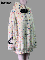 Women's colorful multicolored faux fur coat with hood, thick warm winter fluffy punk-style jacket