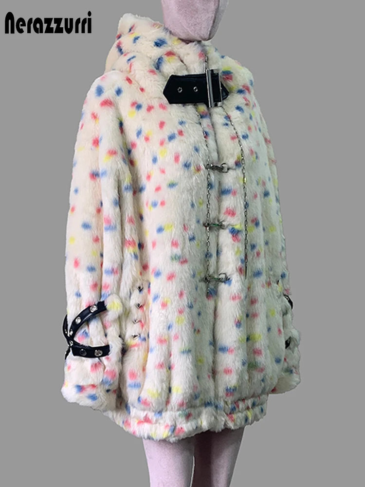 Women's colorful multicolored faux fur coat with hood, thick warm winter fluffy punk-style jacket