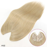 V-shape clip-in human hair extensions with brown-blonde highlights, straight 16-inch Brazilian Remy hair topper