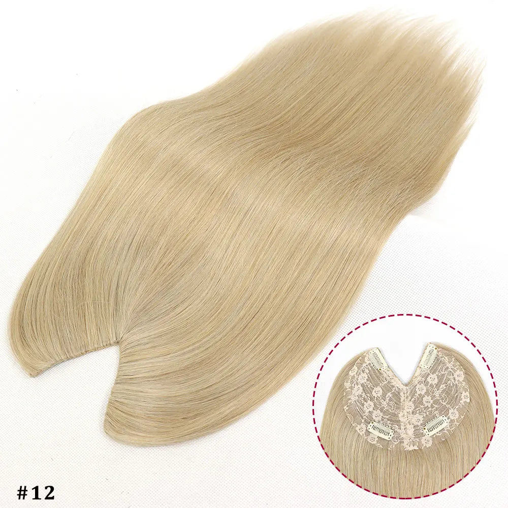V-shape clip-in human hair extensions with brown-blonde highlights, straight 16-inch Brazilian Remy hair topper