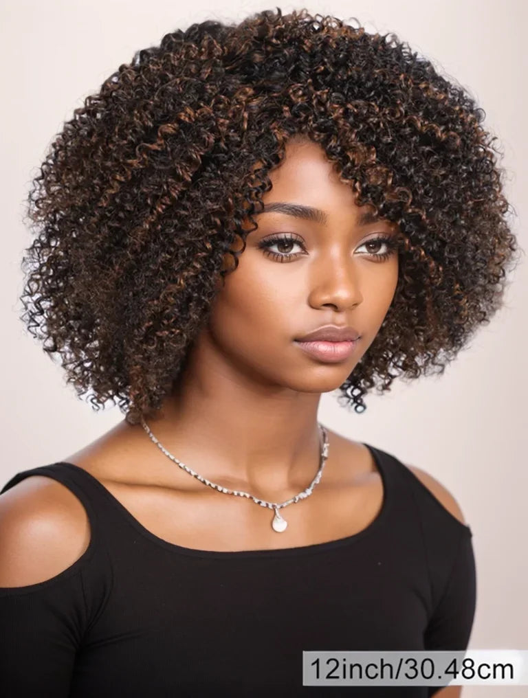 Short kinky curly Brazilian Remy human hair bob wig with bangs and highlights, 200% density