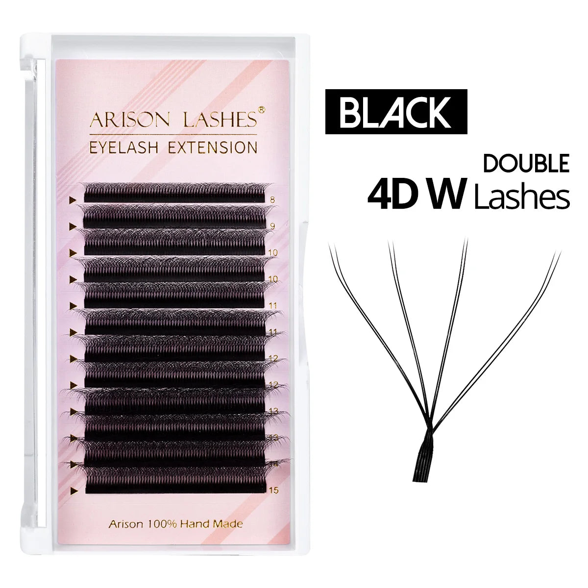 Arison 3D-6D W-Shape false eyelash extensions for volume fans, close-up of curled lash fibers