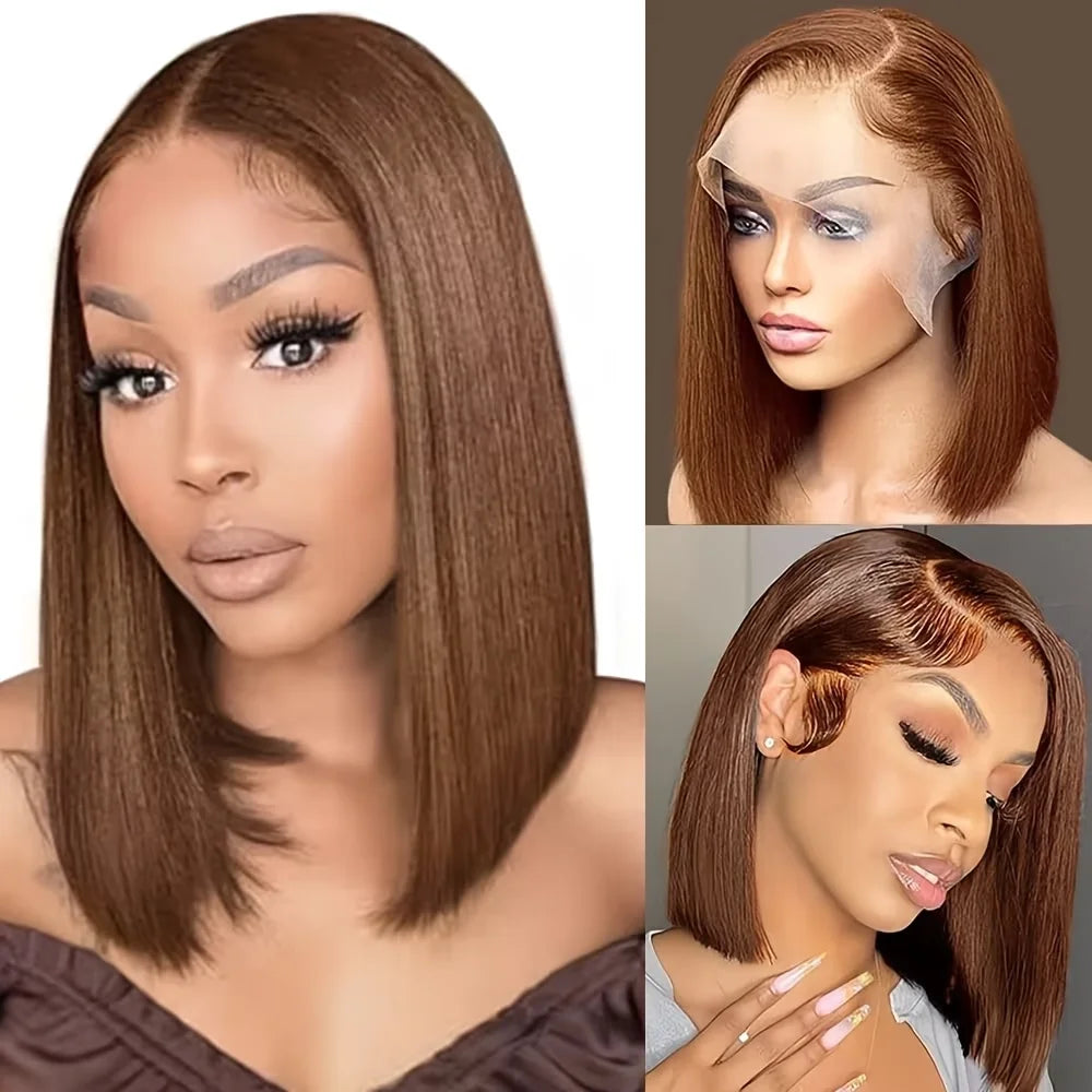 #4 brown 13x4 human hair bob wig with pre-plucked transparent lace and straight style by HSF Marketplace
