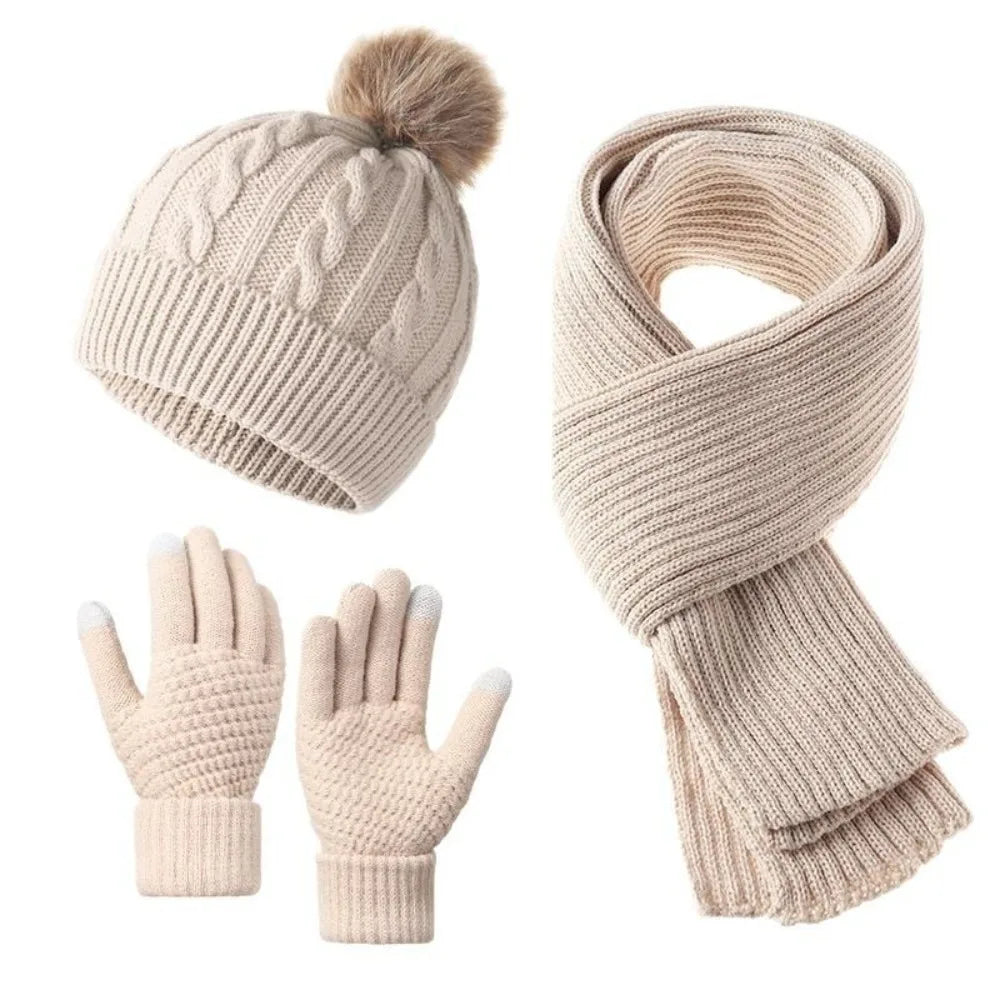 Women's warm touch screen scarf, hat and gloves set in soft winter knit.