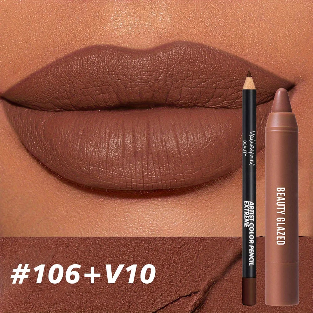 Set of two velvet lip liners and matte lipsticks in pink, brown, and red shades for natural, long-lasting, waterproof lip makeup.