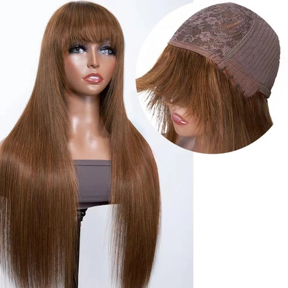 Reddish brown human hair wig with straight style and bangs, layered cut, featuring natural-looking straight hair from HSF Marketplace