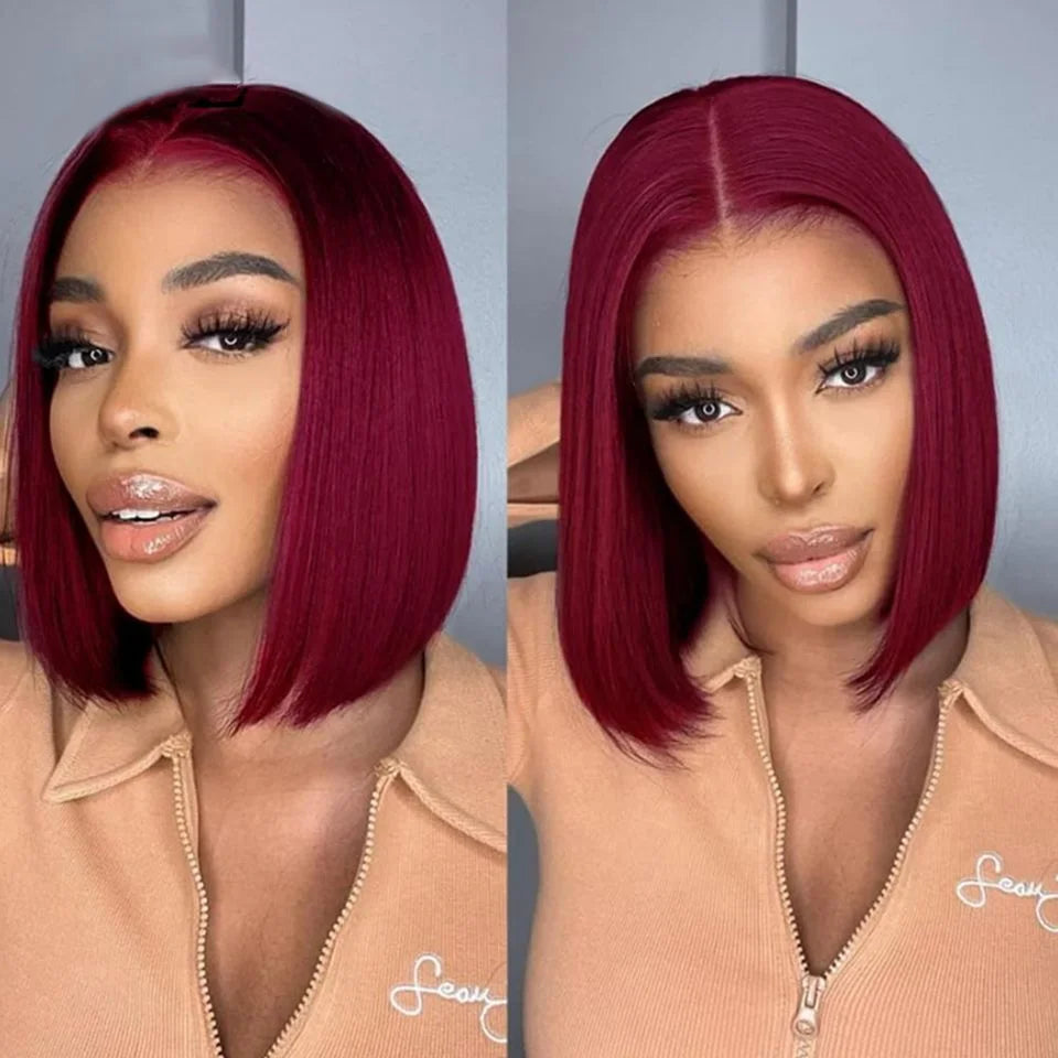 Burgundy 4C human hair bob wig with 13x6 lace frontal, straight style, middle part, short length, 99J red color, HSF Marketplace.