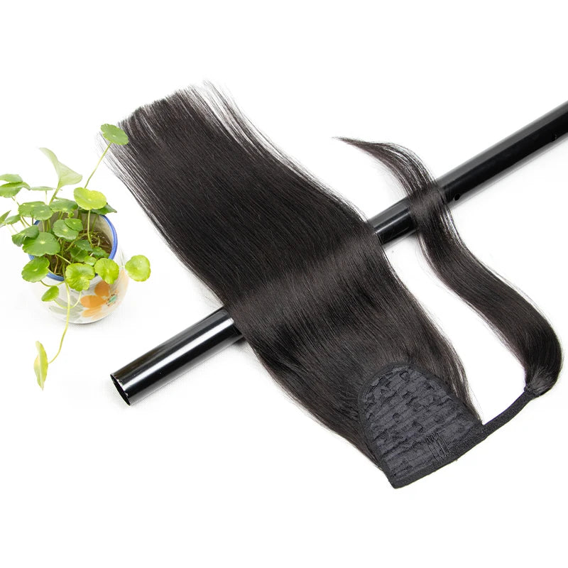 Ponytail human hair clip-in extension wrap-around hairpiece in natural black, brown, and blonde tones