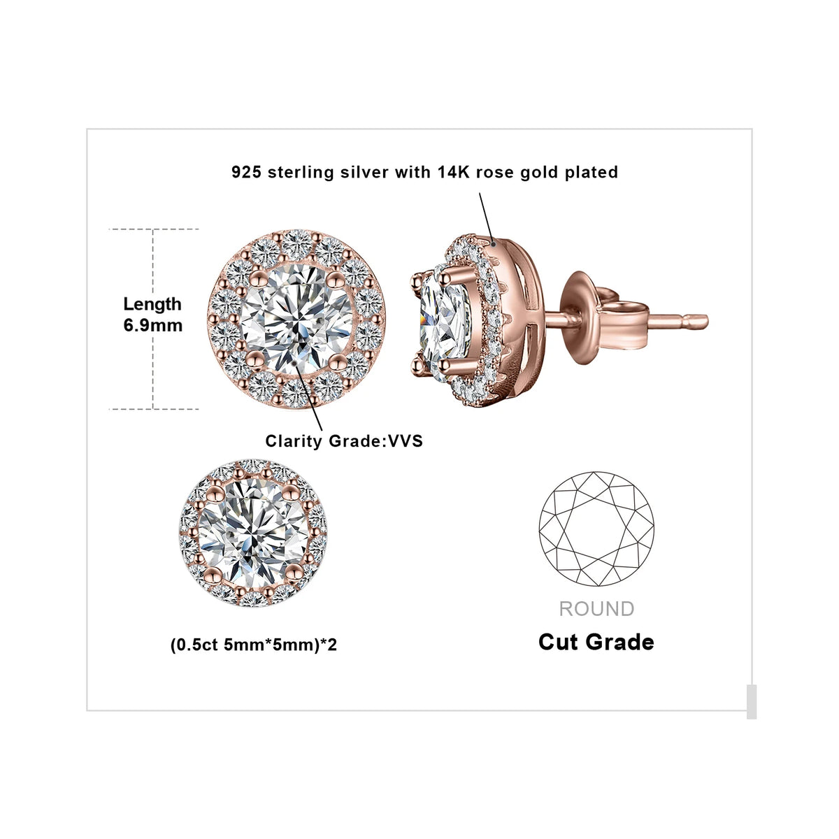 Moissanite halo stud earrings in 925 sterling silver for women by HSF Marketplace