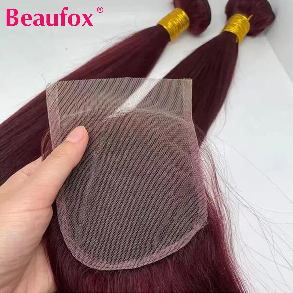 Beaufox Straight Human Hair Bundles With Closure Colored Burgundy Red 3/4 Bundles With Lace Closure 99j Brazilian Hair Bundles