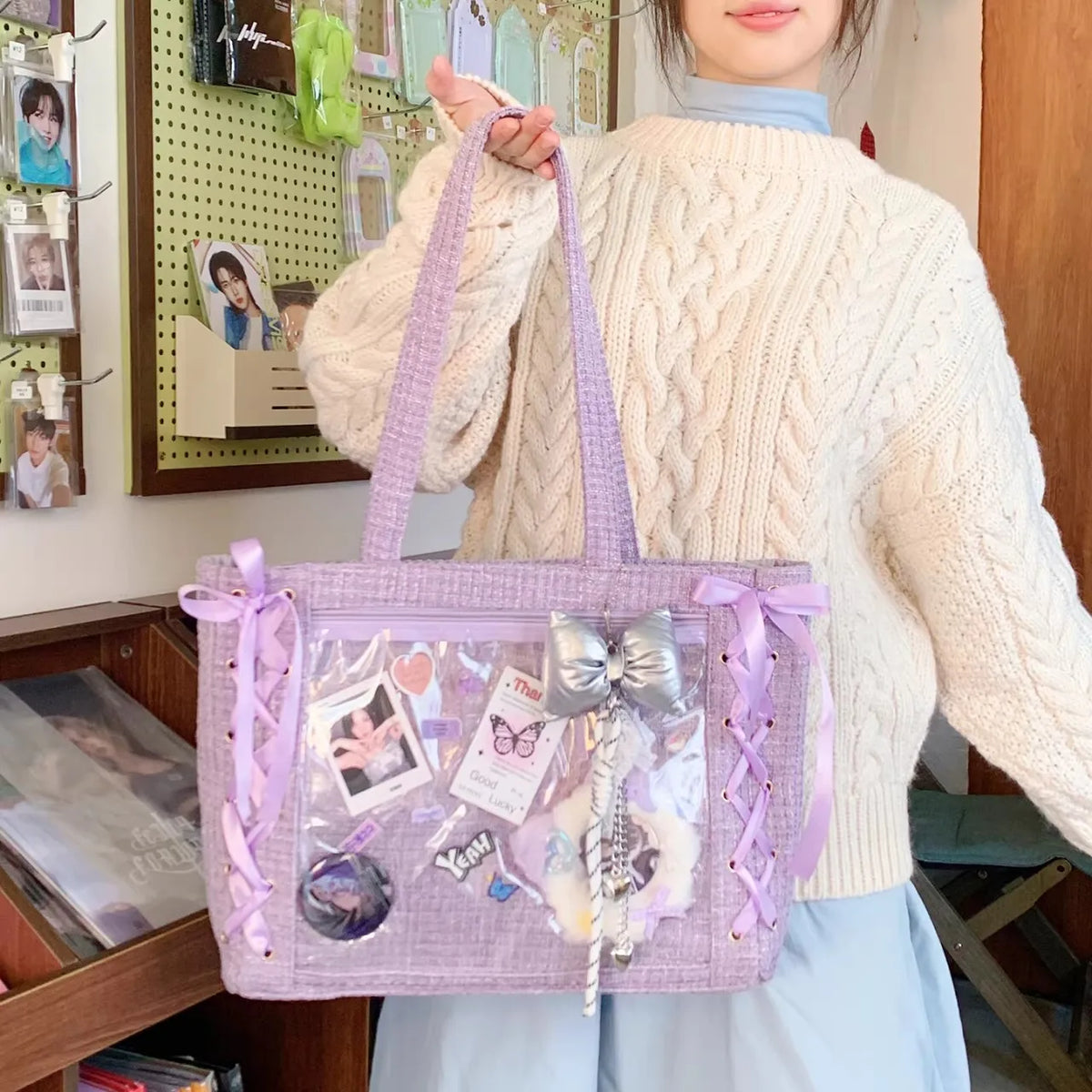 Large capacity Japanese Ita Bag by HSF Marketplace featuring a transparent design, cute Y2K style, ideal for casual crossbody use.