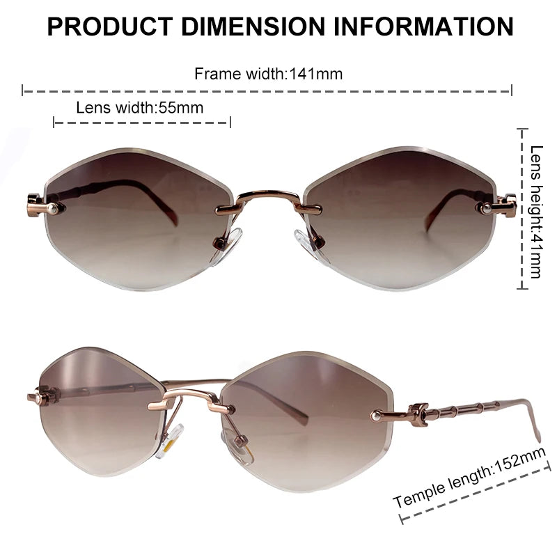 Rimless polygon sunglasses for women with gradient lenses, metal and bamboo temples, stylish vintage design by HSF Marketplace