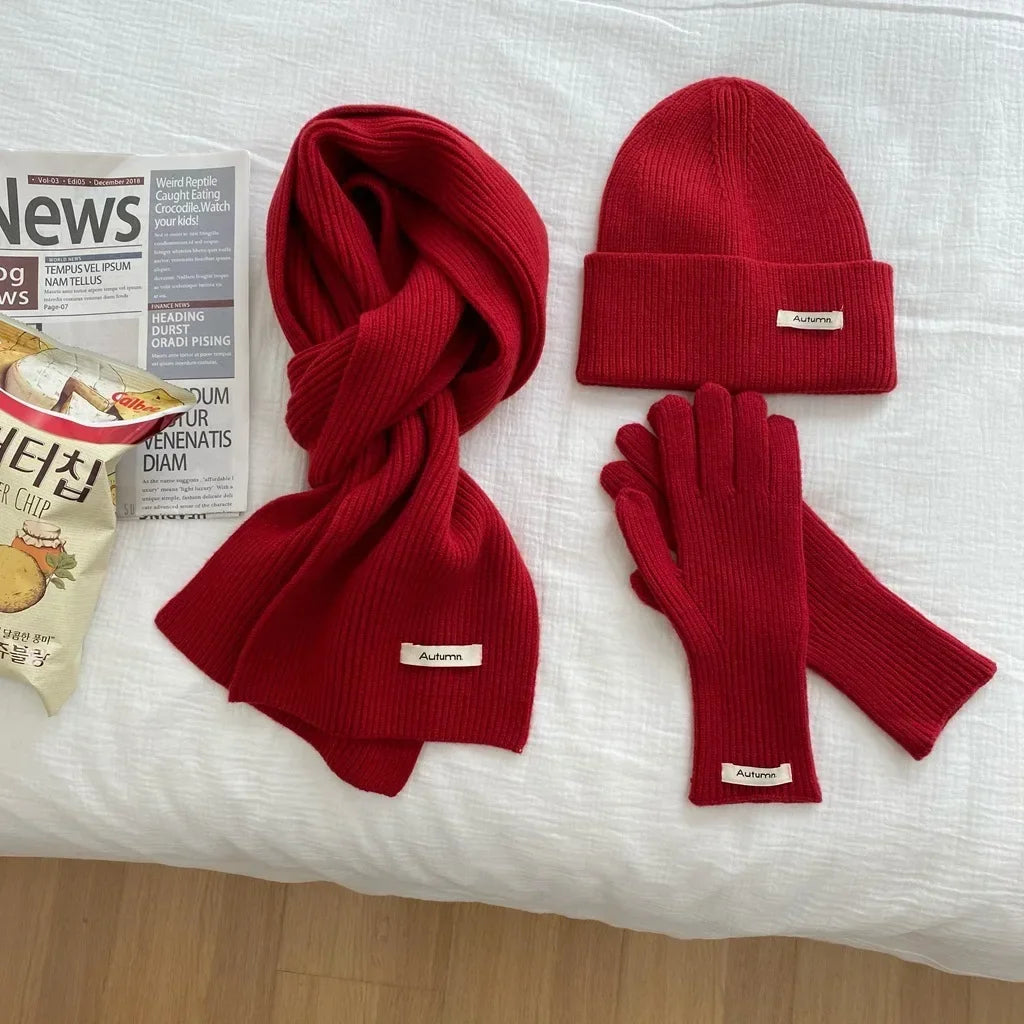 Women's knitted hat scarf glove set in warm winter design for autumn and winter weather