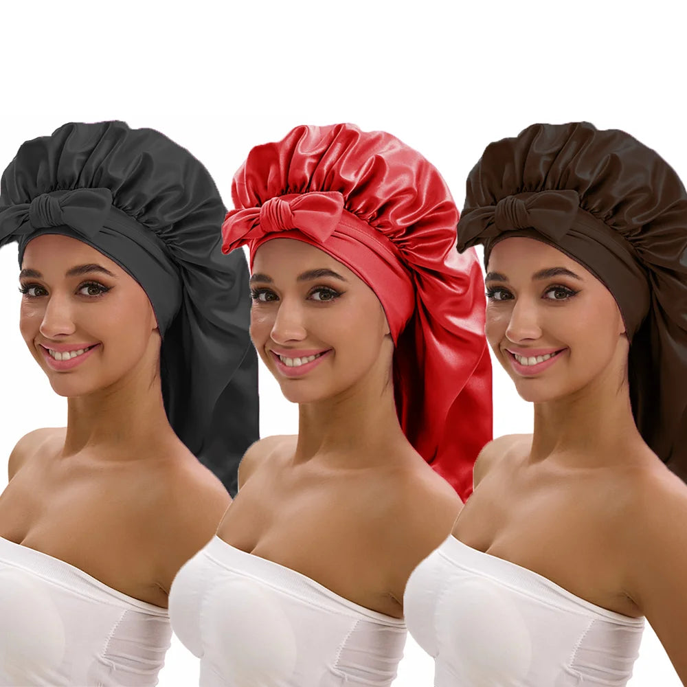 3-piece satin long bonnet set with wide brim and bow tie for everyday hair styling by HSF Marketplace