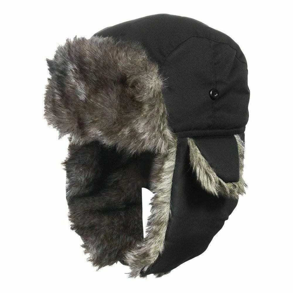 Unisex Russian-style trapper aviator hat with faux fur earflaps for winter skiing, warm black design