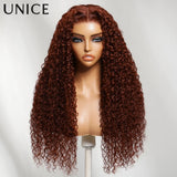 UNice 7x5 Lace Reddish Brown Jerry Curly Human Hair Wigs With Drawstring Pre Cut Pre Bleached Wear Go Glueless Wigs