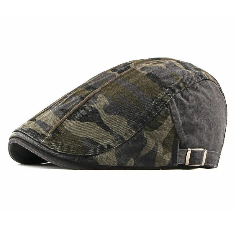 Women’s camouflage cotton newsboy cap with flat peak, painter beret style by HSF Marketplace