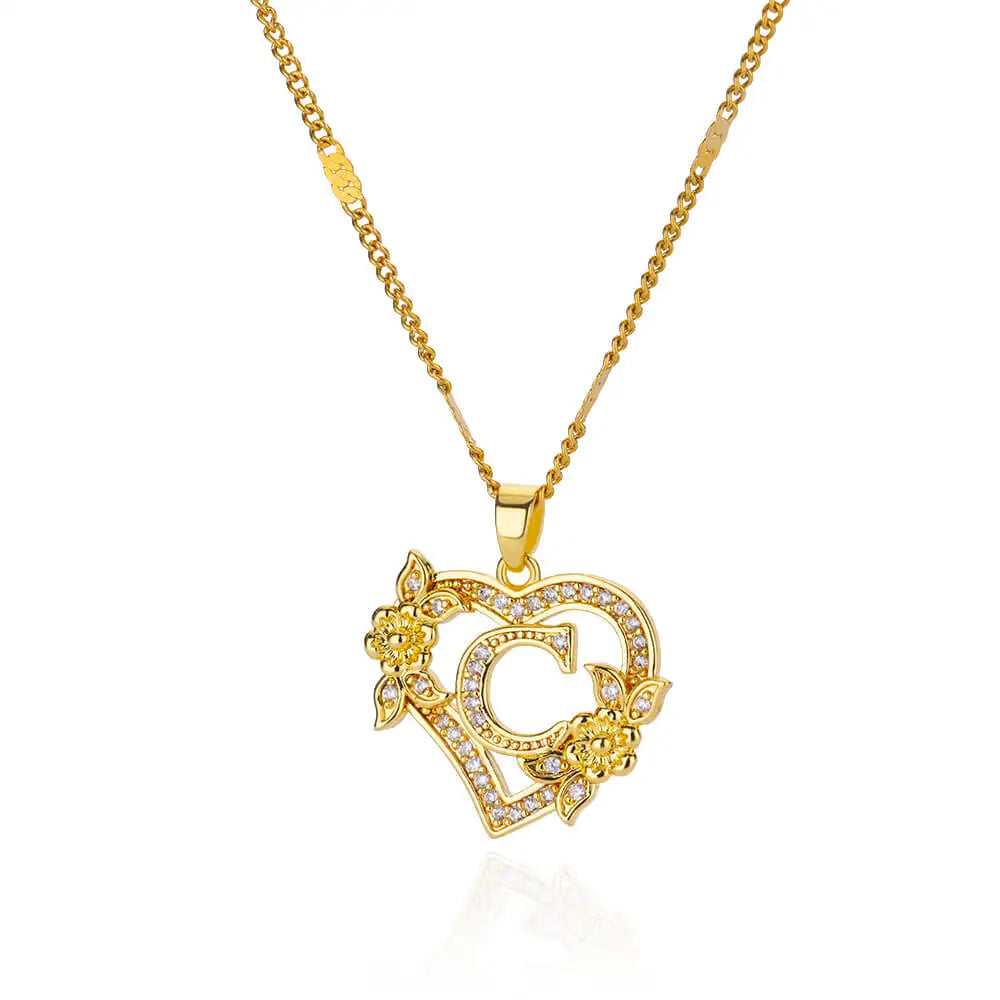 Gold heart initial letter necklace for women with stainless steel chain, featuring A-Z alphabet pendant, birthday jewelry gift