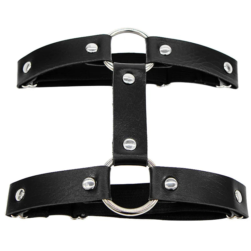 Women’s PU leather thigh garter leglet with heart rivets, spikes, and elastic punk goth harness design
